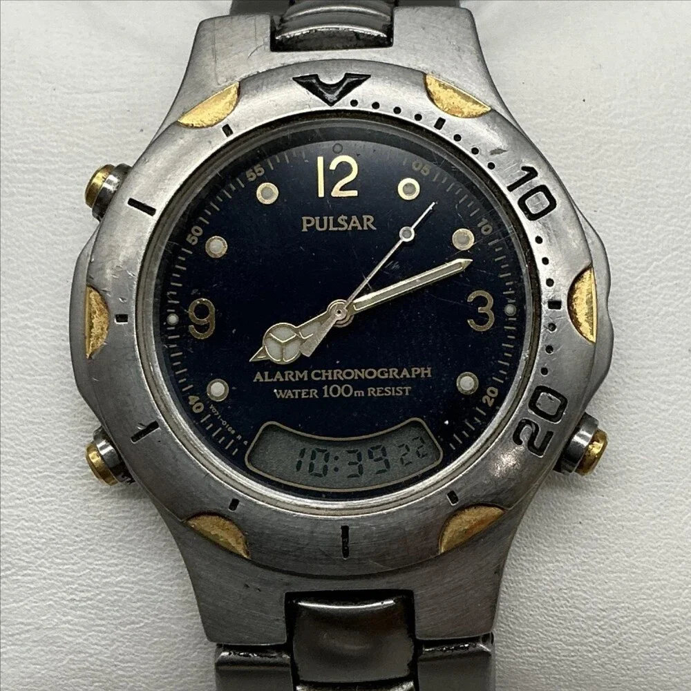Pulsar V071-0110 Mens Watch 40mm Blue Dial Stainless Alarm Ana-Digi For Parts